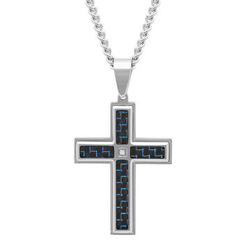.02 CTW Stainless Steel Black & Blue Carbon Fiber Men's Diamond Cross Necklace .02 CTW Stainless Steel Black & Blue Carbon Fiber Men's Diamond Cross Necklace