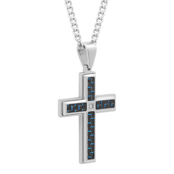 .02 CTW Stainless Steel Black & Blue Carbon Fiber Men's Diamond Cross Necklace .02 CTW Stainless Steel Black & Blue Carbon Fiber Men's Diamond Cross Necklace