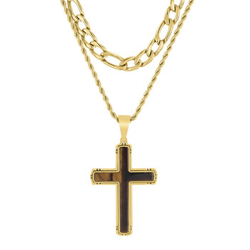 Stainless Steel Yellow Finish Double Chain with Tiger Eye Cross Pendant Stainless Steel Yellow Finish Double Chain with Tiger Eye Cross Pendant