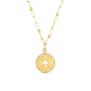 18K Yellow Gold Venetian Princess Satin Medallion With Flower Cutout and Diamond Accent