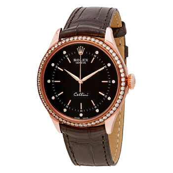 Rolex Cellini Time Black Diamond Dial Ladies Alligator Leather