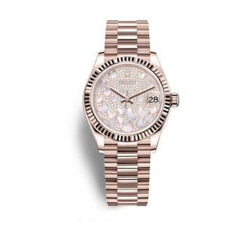 Datejust 31 Mother of Pearl Butterfly Diamond Pave Dial Ladies 18kt Everose Gold President Watch 278275PAVEP