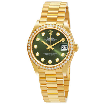 Datejust 31 Olive Green Diamond Dial Ladies 18kt Yellow Gold President Watch 278288GNDP