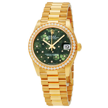 Datejust 31 Olive-Green Floral Motif Diamond Dial Automatic Ladies 18kt Yellow Gold President Watch M278288rbr-0038