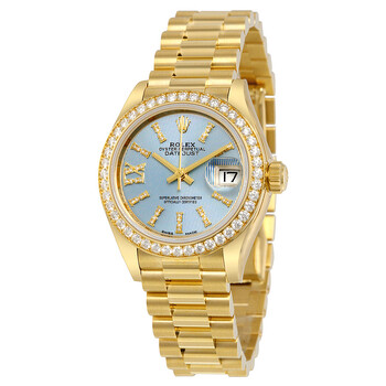 Lady-Datejust 28 Cornflower Blue Dial 18K Yellow Gold President Automatic Ladies Watch 279138BLSRDP