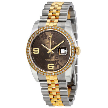 Oyster Perpetual Datejust 36 Brown Floral Dial Stainless Steel and 18K Yellow Gold Jubilee Bracelet Automatic Ladies Watch 116243BRFAJ