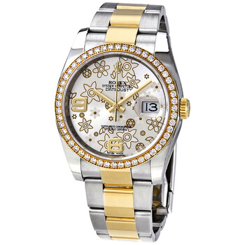 Oyster Perpetual Datejust 36 Silver Floral Dial Stainless Steel and 18K Yellow Gold Bracelet Automatic Ladies Watch 116243SFAO