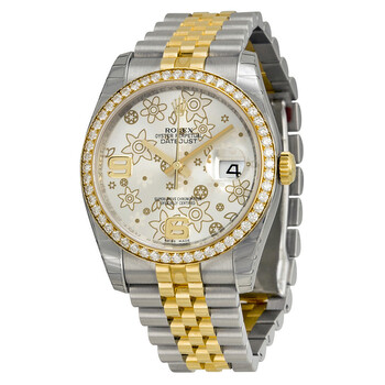 Oyster Perpetual Datejust 36 Silver Floral Dial Stainless Steel and 18K Yellow Gold Jubilee Bracelet Automatic Unisex Watch 116243SFAJ