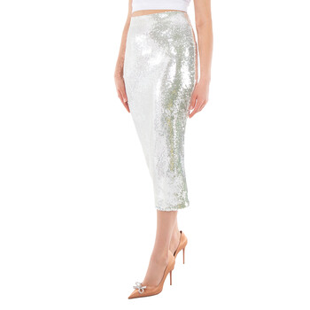 Ladies Bright White Sequined Midi Pencil Skirt