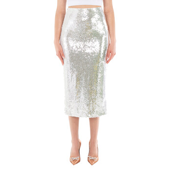Ladies Bright White Sequined Midi Pencil Skirt