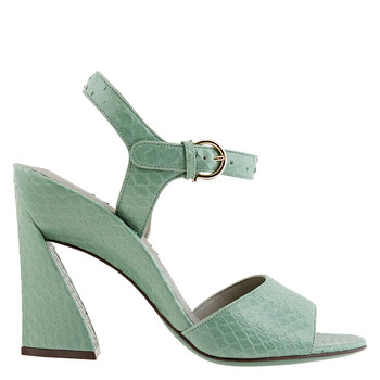 Salvatore Ferragamo White and Green Leather Strap Sandals Vara chain T-strap sandal - Women | Ferragamo main image 4