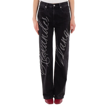 T By Alexander Wang Relaxed Hotfix Cursive Logo Jeans, Waist Size