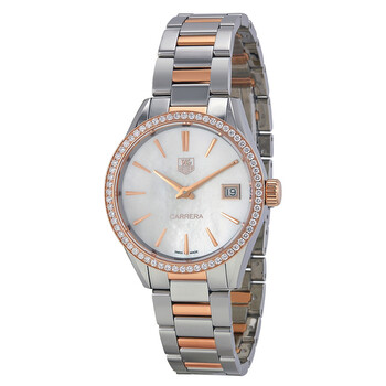 Carrera White Mother of Pearl Dial Stainless Steel and 18kt Rose Gold Ladies Watch WAR1353.BD0774