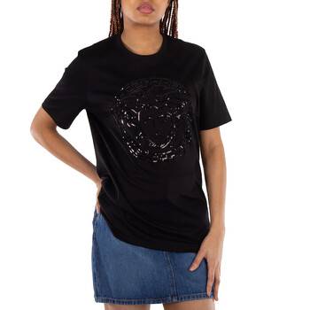 Tシャツ・カットソー VERSACE Woman T-Shirt Black 10188921A13608 2B130 Logo T-Shirt Black,Gold | VERSACE