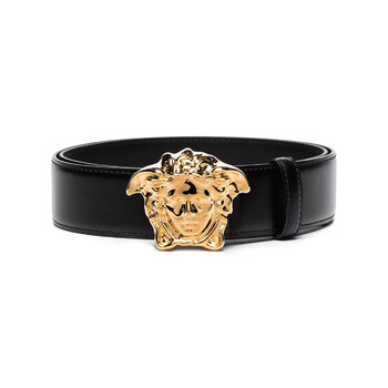 Versace Men's Black-Versace Gold La Medusa Leather Belt, Size 80