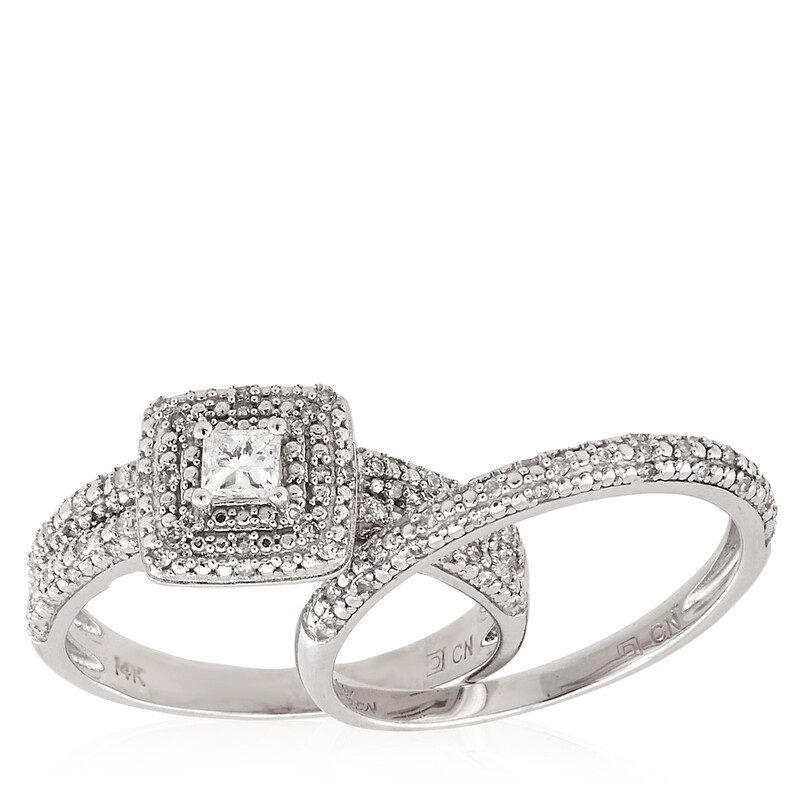Amour 1/2 CT TW Princess Cut Halo Diamond Bridal Set In 14K White Gold ...