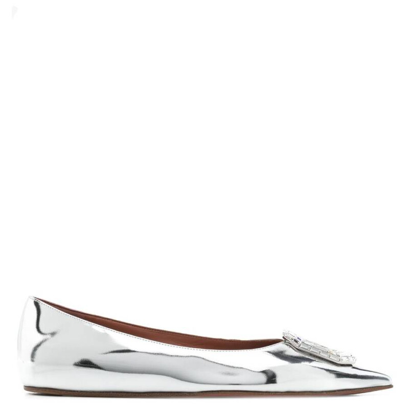 Amina Muaddi Mirror Silver Camelia Ballet Flats, Brand Size 36