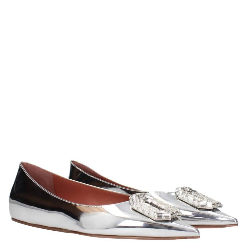 Amina Muaddi Mirror Silver Camelia Ballet Flats, Brand Size 36