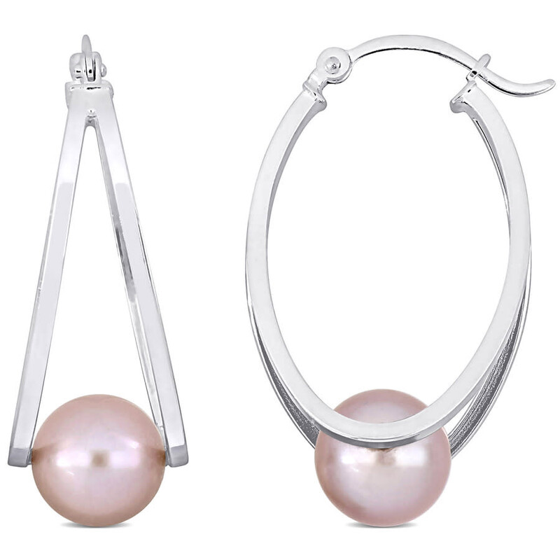 AMOUR 8-8.5mm Freshwater Cultured Pink Pearl Hoop Earrings In Sterling Silver