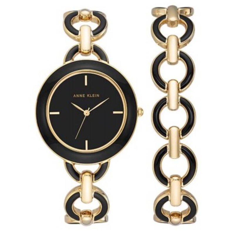 Anne Klein Quartz Black Dial Ladies Watch and Bracelet Set 