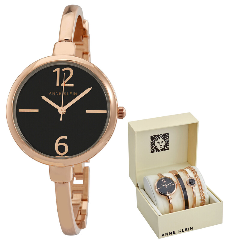 Anne Klein Quartz Black Glossy Dial Ladies Watch and Bracelet Set