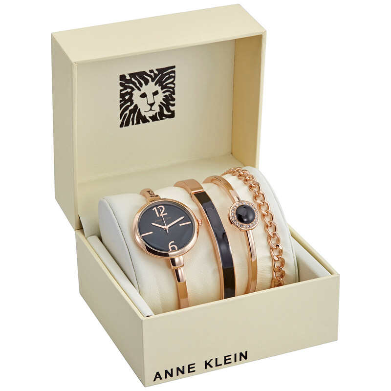 Anne Klein Quartz Black Glossy Dial Ladies Watch and Bracelet Set