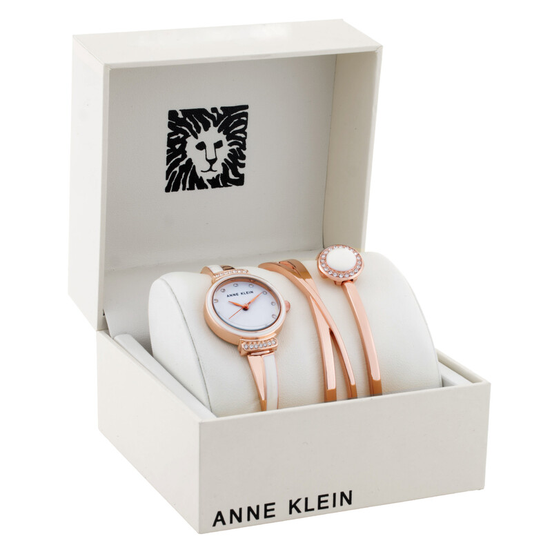 Anne Klein Quartz Crystal White Dial Ladies Watch and Bracelet Set