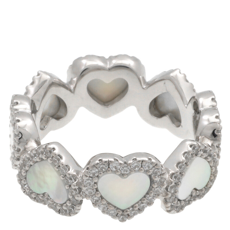Apm Monaco Sterling Silver Nacre Full Heart Paved Ring, Size Large