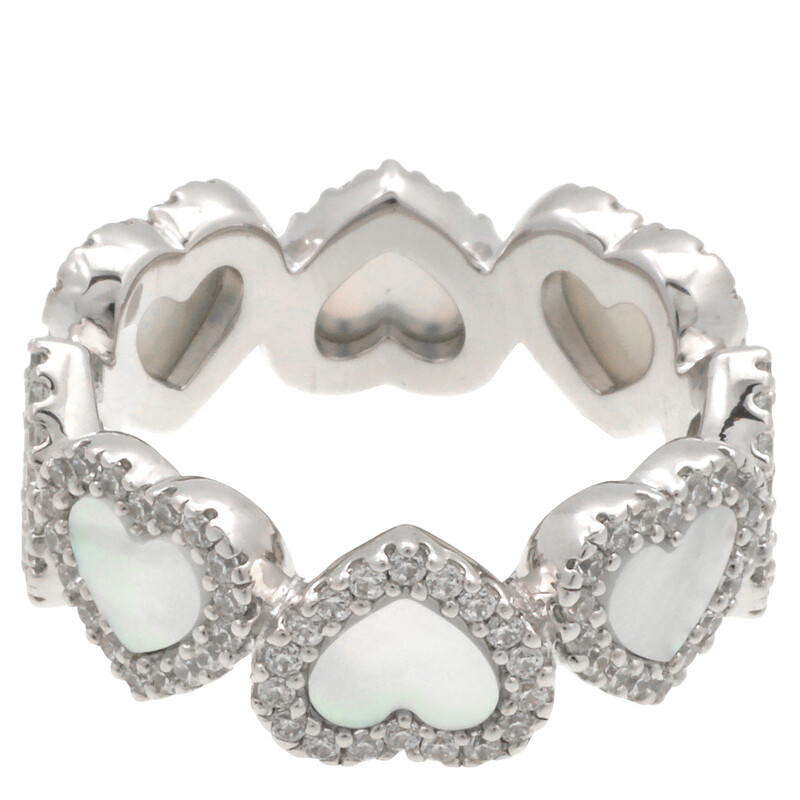 Apm Monaco Sterling Silver Nacre Full Heart Paved Ring, Size Large