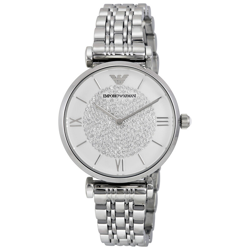 Emporio Armani Armani White Crystal Pave Dial Stainless Steel Ladies ...