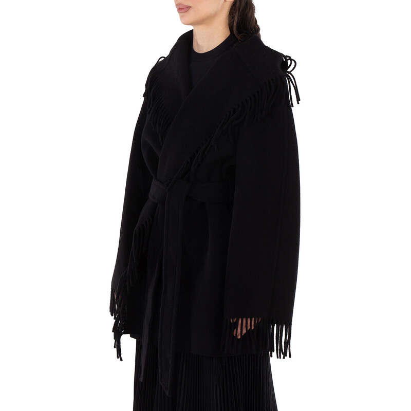 Balenciaga Ladies Black Fringed-Edge Hooded Cardi-Coat, Brand Size