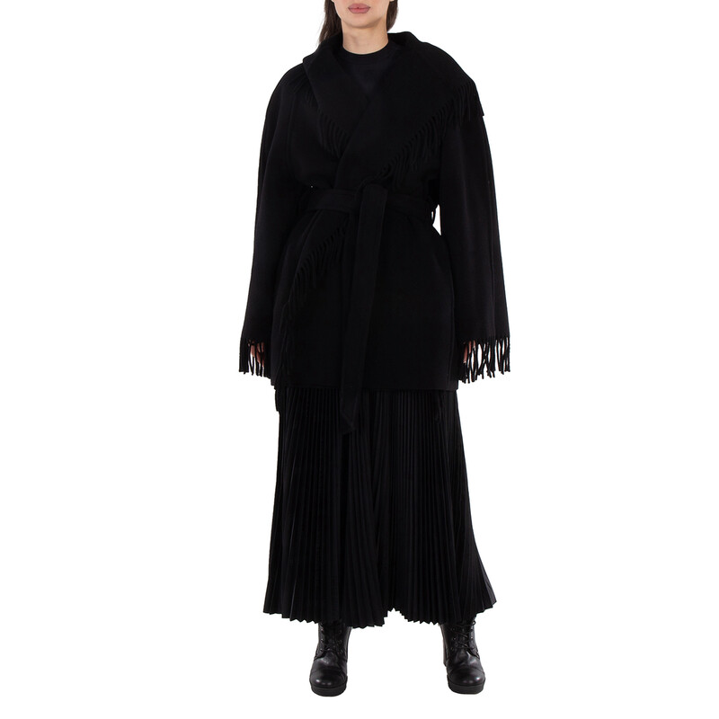 Balenciaga Ladies Black Fringed-Edge Hooded Cardi-Coat, Brand Size