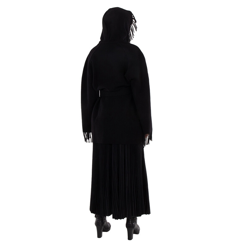 Balenciaga Ladies Black Fringed-Edge Hooded Cardi-Coat, Brand Size