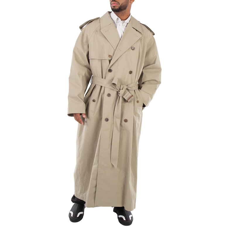 Balenciaga Men's Military Beige Belted Maxi Trench Coat, Size X