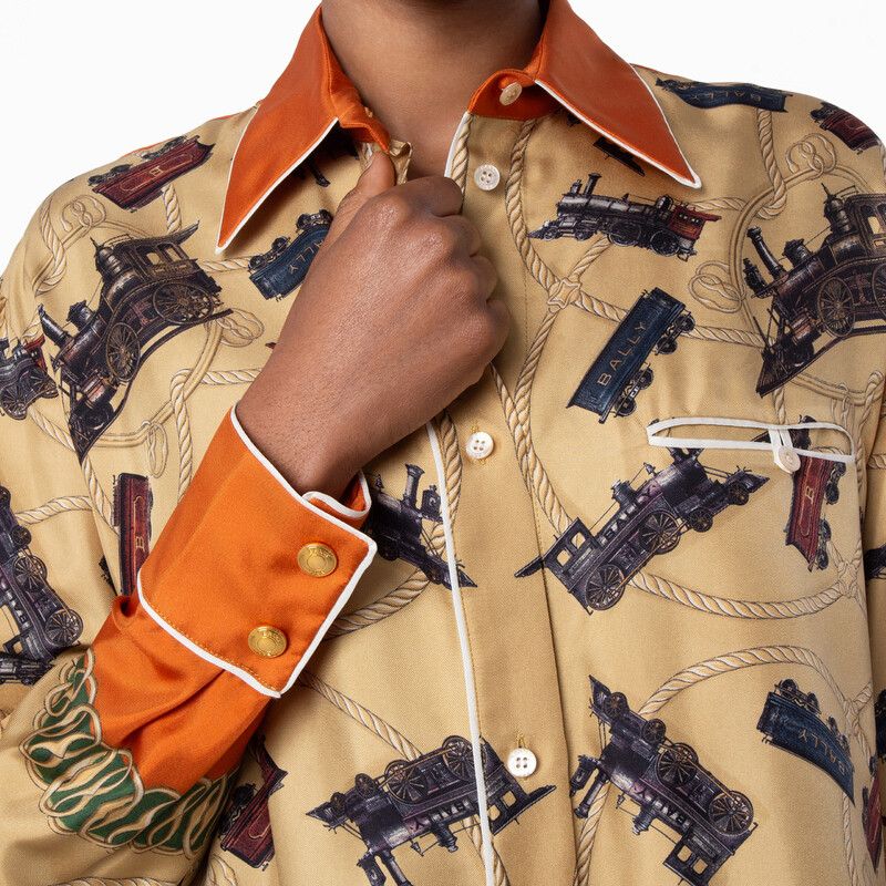 Bally Train Printed Long-Sleeved Silk Shirt, Brand Size 42 ( US