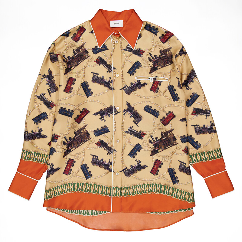 Bally Train Printed Long-Sleeved Silk Shirt, Brand Size 42 ( US