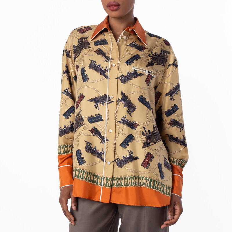 Bally Train Printed Long-Sleeved Silk Shirt, Brand Size 42 ( US