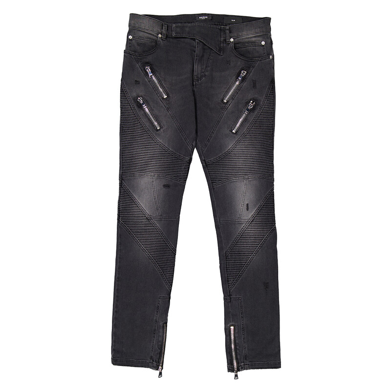 Balmain Faded Denim Biker Jeans, Waist Size 30
