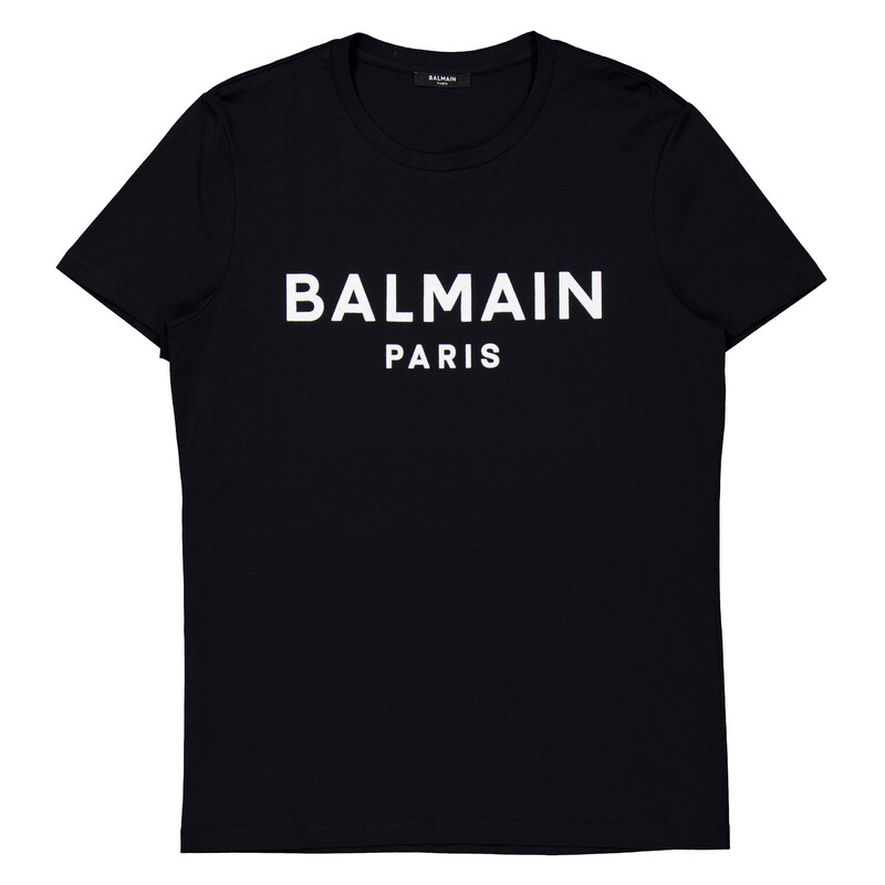 BALMAIN バルマン ロゴTシャツ 長袖 フーディ ブラック シンプル Balmain Flock Logo Print Cotton T Shirt, Size Small YH1EF000BB33
