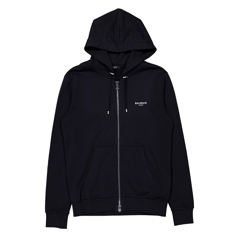 Balmain Flock Logo Zip Up Hoodie, Size Small XH1JX000BB04-EAB