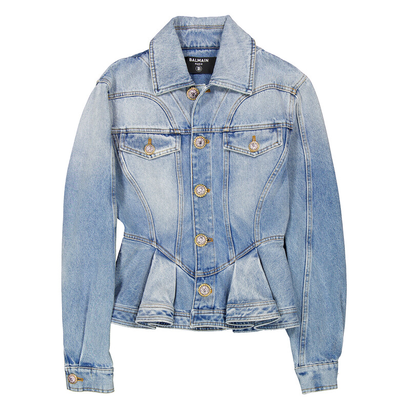 Balmain Logo-Buttons Pleated Denim Blazer, Brand Size 40 (US Size