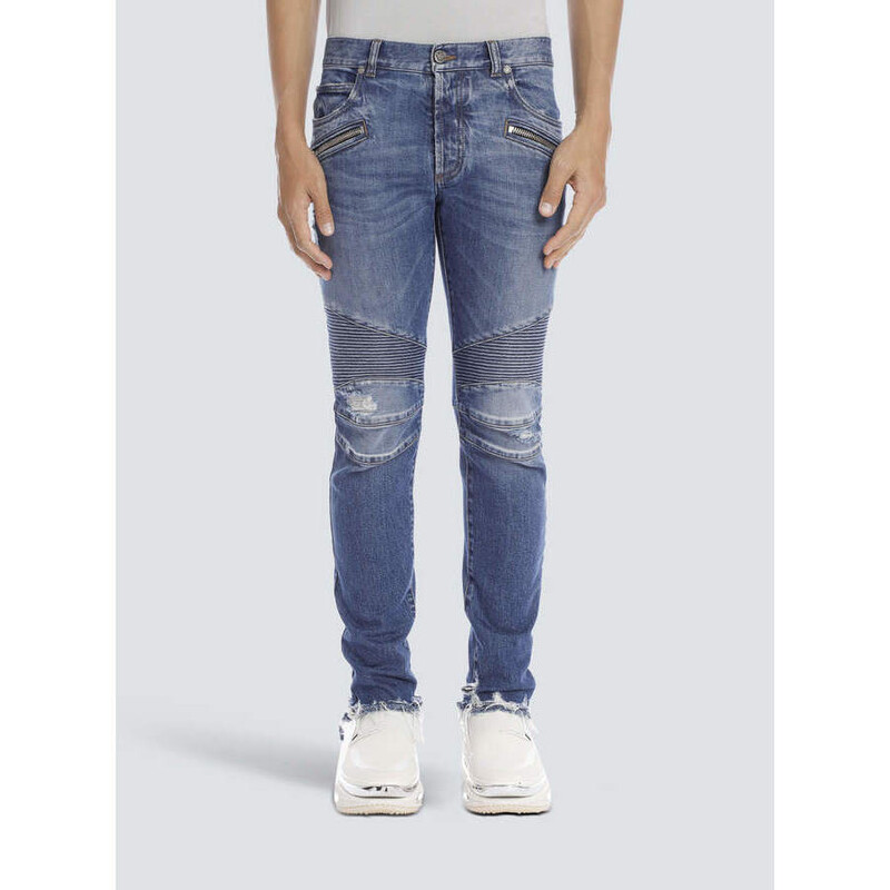 Balmain Men'S Blue Ribbed Tapered Jeans, Size 30 VH0MH005031D6AA