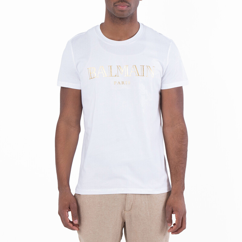 Balmain Metallic Logo Print Cotton T Shirt, Size Large UH11601I312