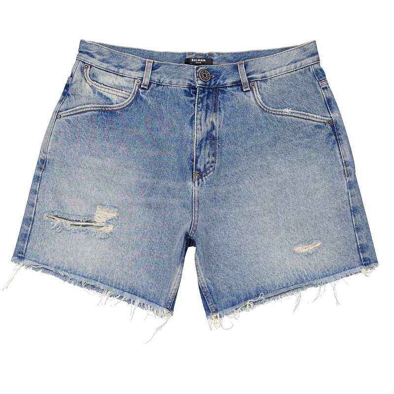 Balmain Ripped Cotton Denim Jean Shorts, Waist Size 29 