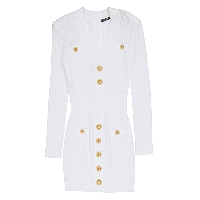 BALMAIN ニットワンピース ホワイト Balmain Short Eco-Designed Knit Dress With Gold-Tone Buttons