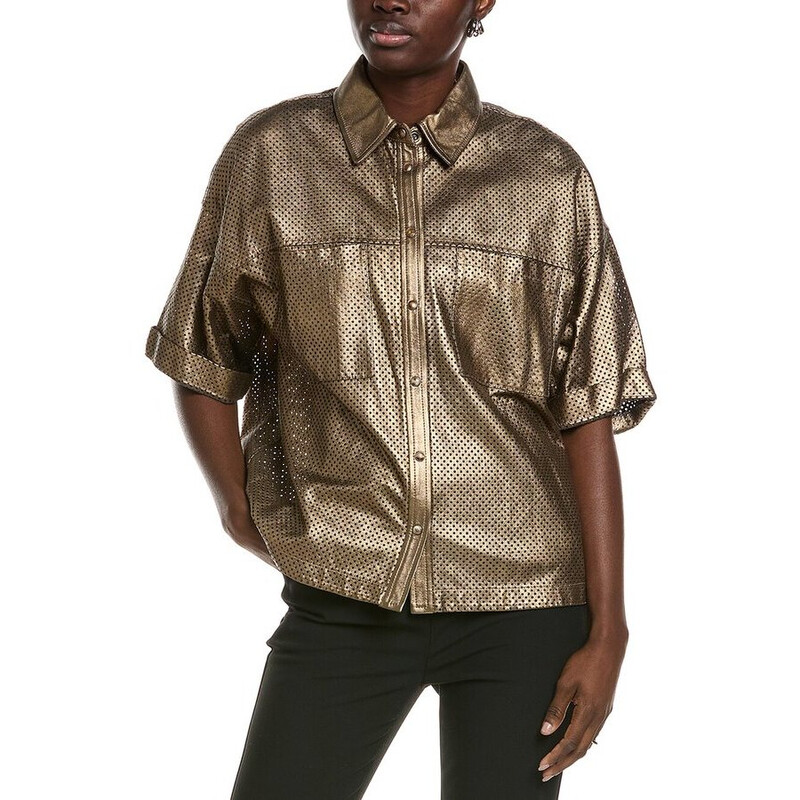 Brunello Cucinelli Brass Perforated Leather Shirt, Size Small