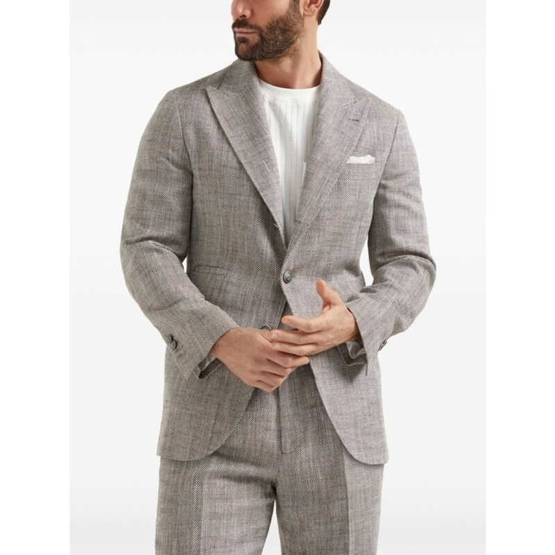 Brunello Cucinelli Herringbone Silk Linen Blazer, Brand Size 48