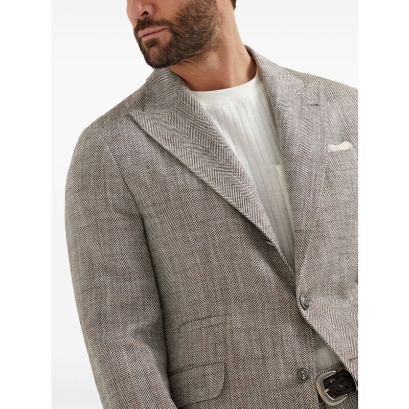 Brunello Cucinelli Herringbone Silk Linen Blazer, Brand Size 48