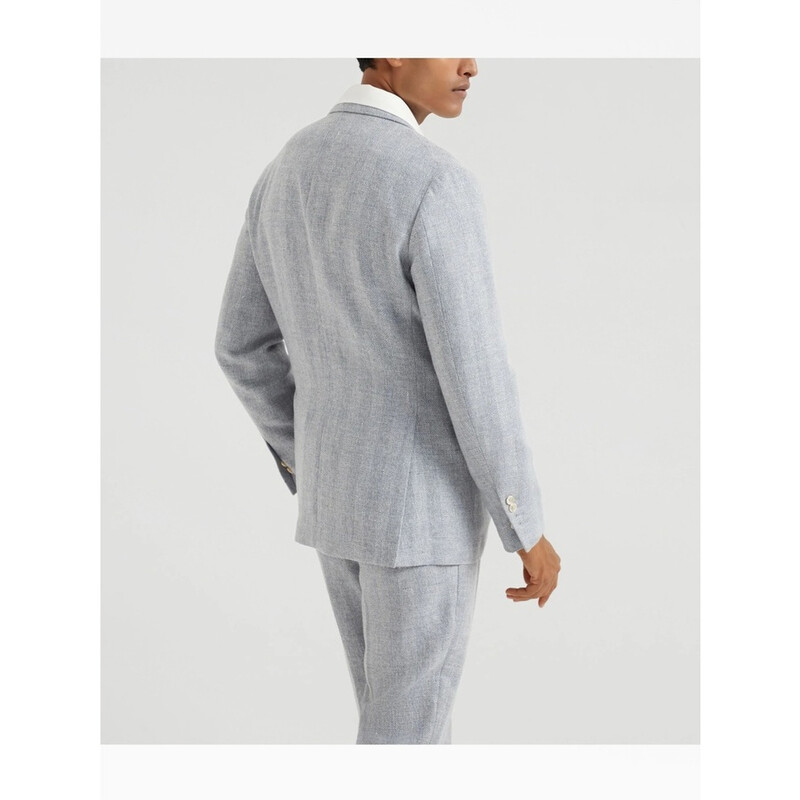 Brunello Cucinelli Herringbone Silk Linen Blazer, Brand Size 48