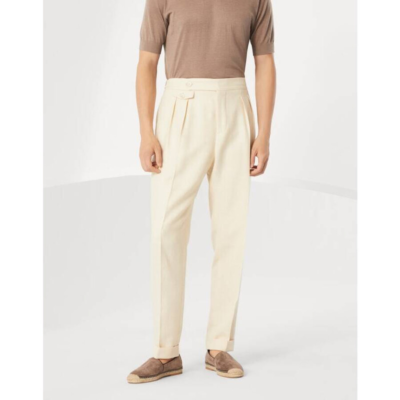 Brunello Cucinelli Men'S Cream Wool Silk Linen Trousers, Size 44